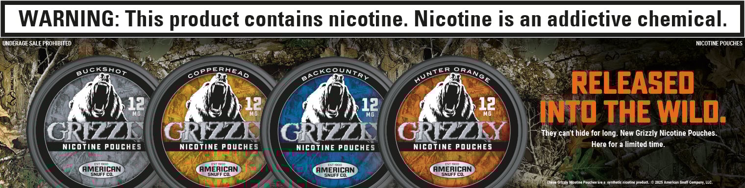 Grizzly Category Banner Four cans of Grizzly Nicotine Pouches displayed on a red banner with a roaring grizzly bear.