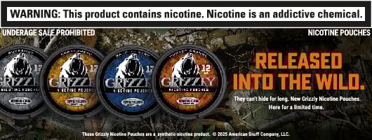 Grizzly Category Banner Four cans of Grizzly Nicotine Pouches displayed on a red banner with a roaring grizzly bear.