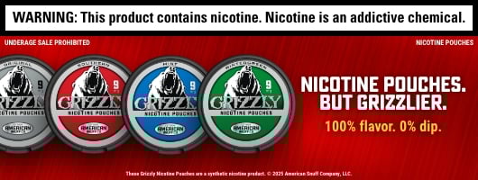 Three cans of Grizzly Nicotine Pouches displayed on a grey banner with a roaring grizzly bear.