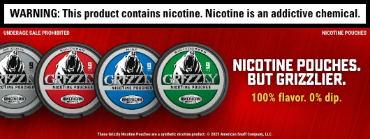 Three cans of Grizzly Nicotine Pouches displayed on a grey banner with a roaring grizzly bear.