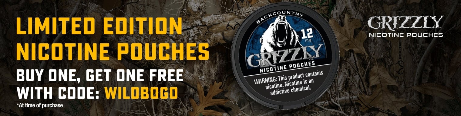 Four cans of Grizzly Nicotine Pouches displayed on a red banner with a roaring grizzly bear.
