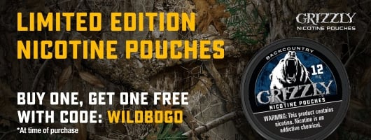 Four cans of Grizzly Nicotine Pouches displayed on a red banner with a roaring grizzly bear.