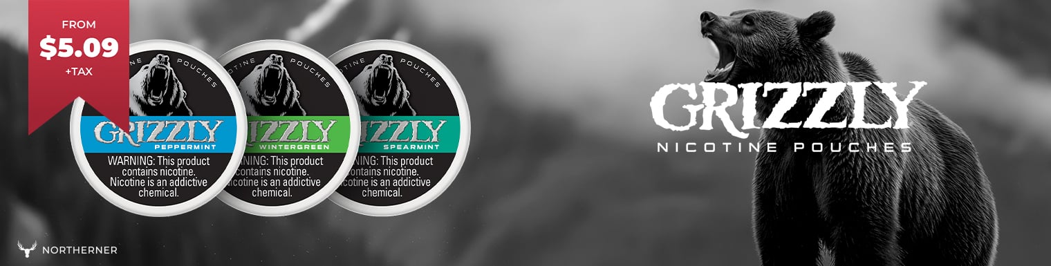 Three cans of Grizzly Nicotine Pouches displayed on a grey banner with a roaring grizzly bear.
