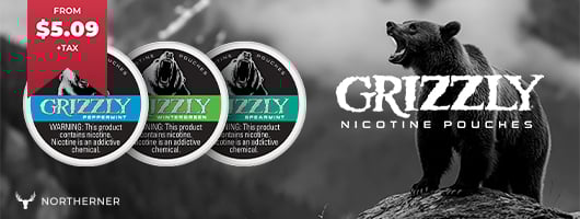 Three cans of Grizzly Nicotine Pouches displayed on a grey banner with a roaring grizzly bear.
