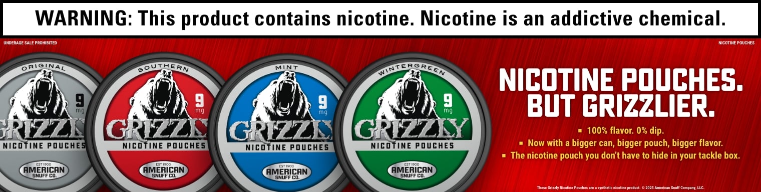 Three cans of Grizzly Nicotine Pouches displayed on a grey banner with a roaring grizzly bear.