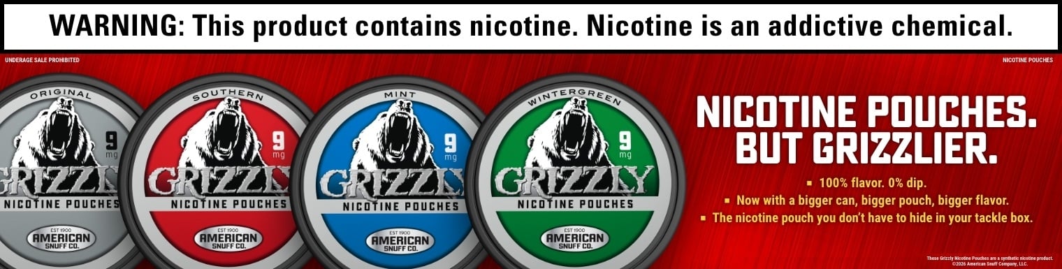 Grizzly Category Banner Four cans of Grizzly Nicotine Pouches displayed on a red banner with a roaring grizzly bear.