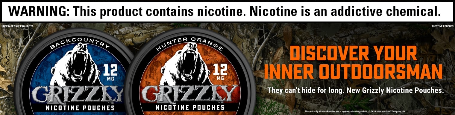 Four cans of Grizzly Nicotine Pouches displayed on a red banner with a roaring grizzly bear.