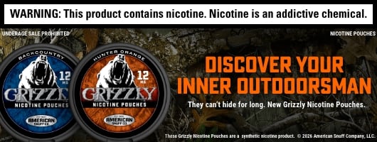 Four cans of Grizzly Nicotine Pouches displayed on a red banner with a roaring grizzly bear.