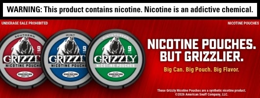 Grizzly Category Banner Four cans of Grizzly Nicotine Pouches displayed on a red banner with a roaring grizzly bear.